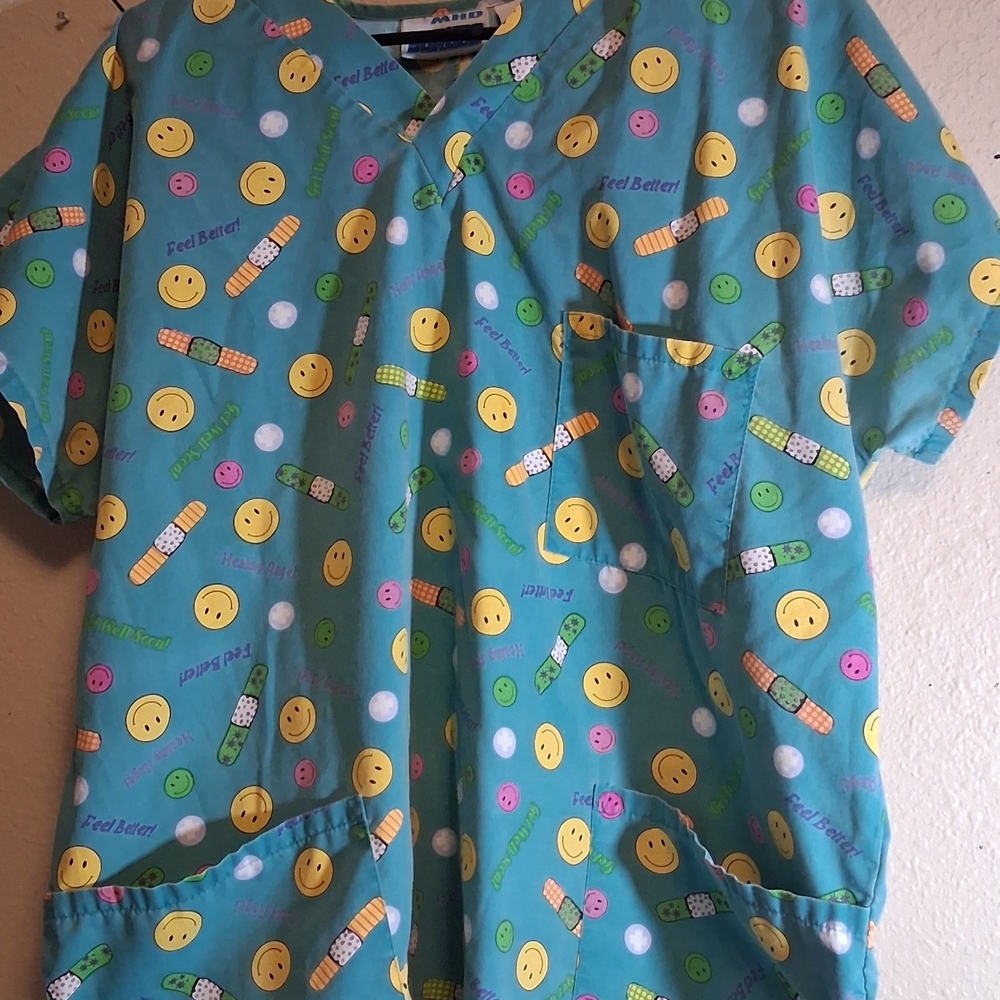 Smart Scrubs Teal Blue Smiley Face & Bandage 3 Pocket L WOMENS 260784
